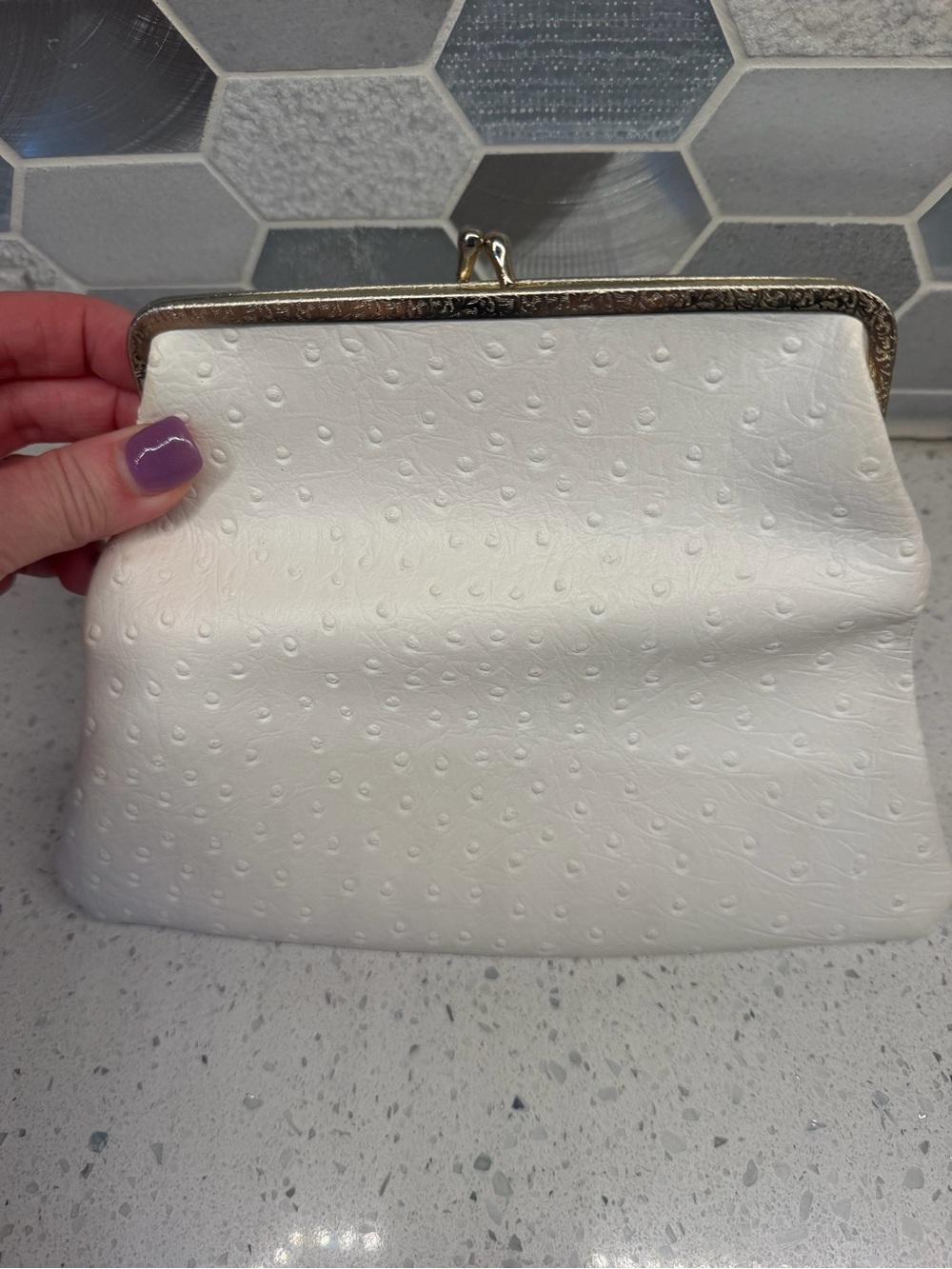 Vintage White Textured Kiss-Lock Clutch Purse